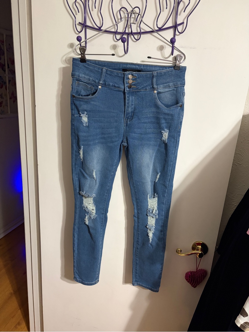 💜 13 Between Us Juniors High-Rise Distressed Skinny Jeans in Blue